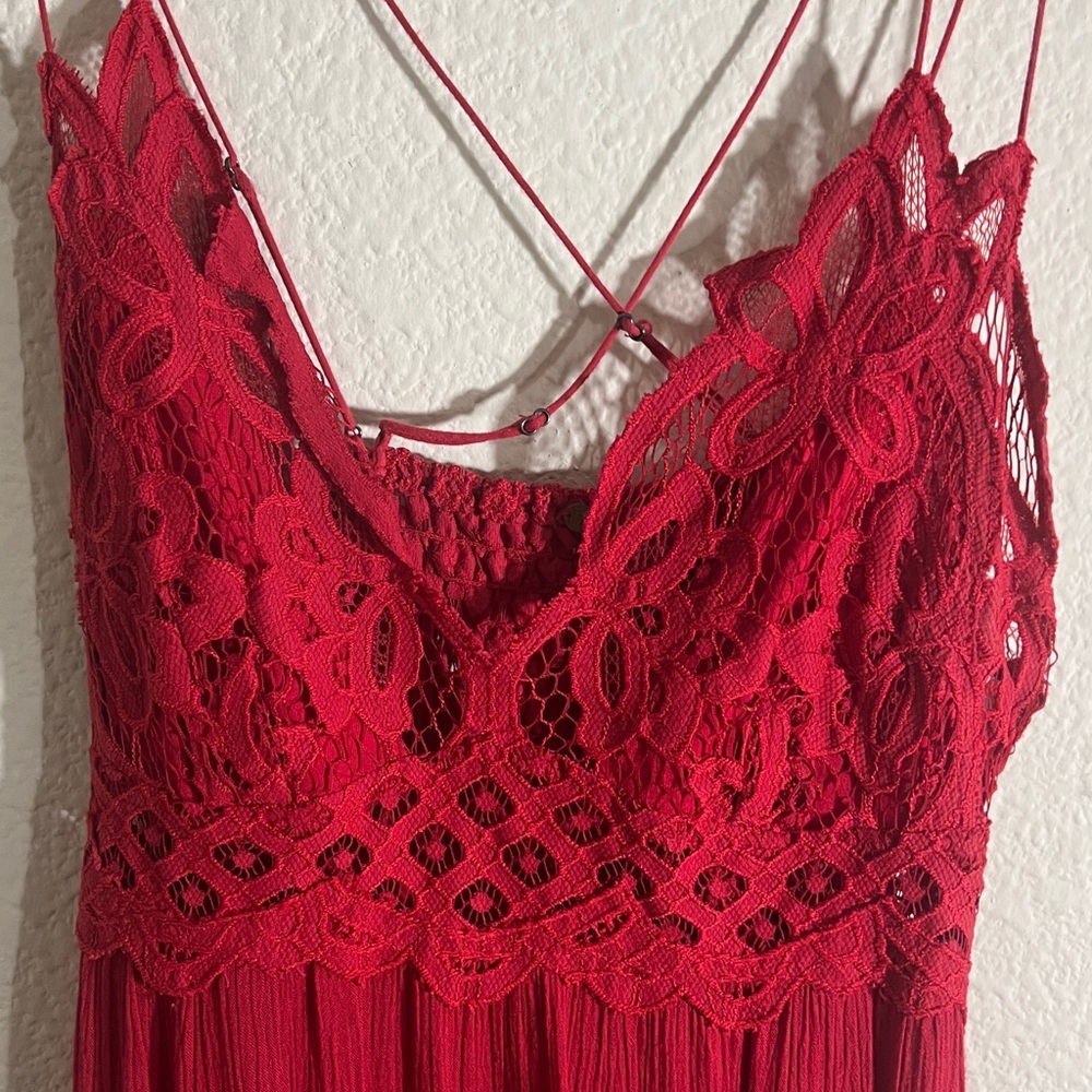 Free People Adella Red Lace Dress Boho SZ XL Beach Peasant Red Lace-Trim Swing - Picture 7 of 12